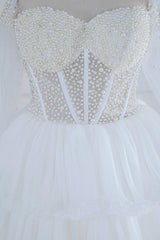 Off the Shoulder White Beaded Top Ruffle Tiered Prom Dress