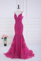 Magenta Straps V-Neck Sequin Appliques Mermaid Prom Dress