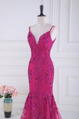 Magenta Straps V-Neck Sequin Appliques Mermaid Prom Dress