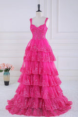 Fuchsia Sweetheart Corset Sequin Layered Ball Gown