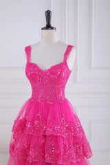 Fuchsia Sweetheart Corset Sequin Layered Ball Gown
