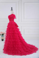 Off the Shoulder Fuchsia Ruffle Tiered Prom Dress with Sash