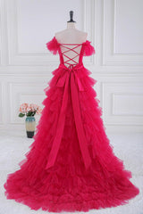 Off the Shoulder Fuchsia Ruffle Tiered Prom Dress with Sash