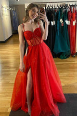 Glitter Red Straps Beaded A-Line Formal Dress with Slit