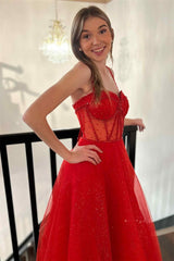 Glitter Red Straps Beaded A-Line Formal Dress with Slit