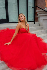 Glitter Red Straps Beaded A-Line Formal Dress with Slit
