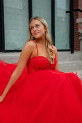 Glitter Red Straps Beaded A-Line Formal Dress with Slit