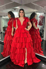 Plunging V-Neck Fuchsia Bow Straps Ruffle Ball Gown