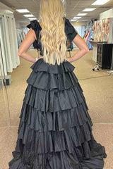 Plunging V-Neck Fuchsia Bow Straps Ruffle Ball Gown