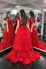 Plunging V-Neck Fuchsia Bow Straps Ruffle Ball Gown