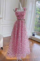 Princess Pink Straps Flowers Long Party Dress with Sash