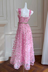 Princess Pink Straps Flowers Long Party Dress with Sash