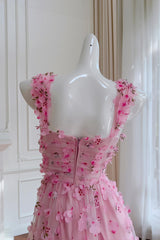 Princess Pink Straps Flowers Long Party Dress with Sash