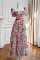 Square Neck Hot Pink Floral Embroidery Tulle Prom Dress