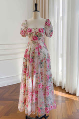 Square Neck Hot Pink Floral Embroidery Tulle Prom Dress