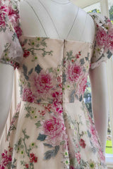 Square Neck Hot Pink Floral Embroidery Tulle Prom Dress