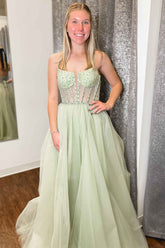 Sage Green Straps Sequin Beaded A-Line Tulle Prom Dress
