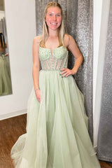 Sage Green Straps Sequin Beaded A-Line Tulle Prom Dress
