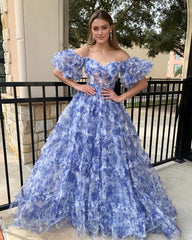 Off the Shoulder Blue Floral Print Ruffled Tulle Prom Dress