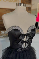 Strapless A-Line Black Ruffle Long Prom Dress