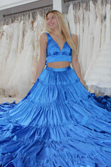 Yellow V-Neck Ruffle A-Line Two Piece Prom Dress