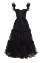 Ruffle Straps Black A-Line Tulle Party Dress
