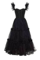 Ruffle Straps Black A-Line Tulle Party Dress