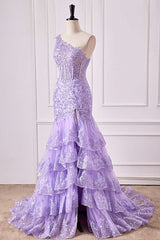 Mermaid One Shoulder Lavender Sequin Appliques Ruffle Prom Dress