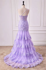 Mermaid One Shoulder Lavender Sequin Appliques Ruffle Prom Dress