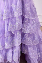 Mermaid One Shoulder Lavender Sequin Appliques Ruffle Prom Dress
