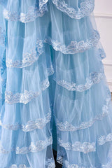 Straps Plunging Neck Light Blue Ruffle Prom Dress with Appliques
