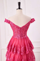 Off the Shoulder Hot Pink Sequin Tiered Prom Dress with Slit