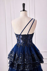 Navy Blue One Shoulder Sequin Ruffle A-Line Formal Dress