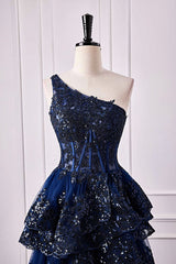 Navy Blue One Shoulder Sequin Ruffle A-Line Formal Dress