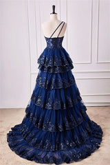 Navy Blue One Shoulder Sequin Ruffle A-Line Formal Dress