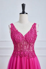 V-Neck Fuchsia Lace Appliques A-Line Formal Dress