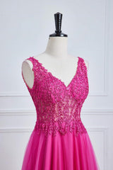 V-Neck Fuchsia Lace Appliques A-Line Formal Dress