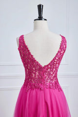 V-Neck Fuchsia Lace Appliques A-Line Formal Dress