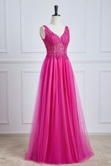 V-Neck Fuchsia Lace Appliques A-Line Formal Dress