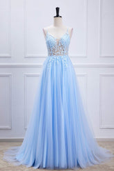 Lace-Up Light Blue Sheer Corset A-Line Formal Dress