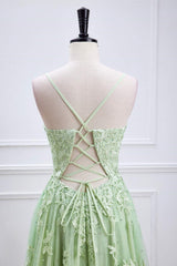 Plunging V-Neck Sage Green Straps Appliques Tulle Prom Dress