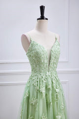 Plunging V-Neck Sage Green Straps Appliques Tulle Prom Dress