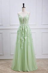 Plunging V-Neck Sage Green Straps Appliques Tulle Prom Dress