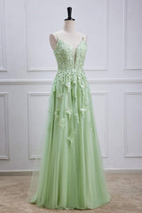 Plunging V-Neck Sage Green Straps Appliques Tulle Prom Dress