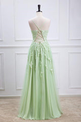 Plunging V-Neck Sage Green Straps Appliques Tulle Prom Dress
