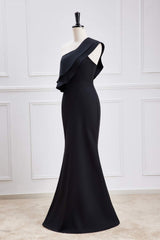 Ruffled One Shoulder Black Chiffon Maxi Dress