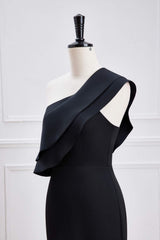 Ruffled One Shoulder Black Chiffon Maxi Dress