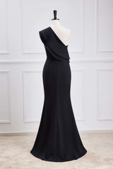 Ruffled One Shoulder Black Chiffon Maxi Dress