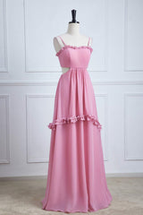 Straps Powder Pink Bow Tie Back Ruffle Chiffon Maxi Dress