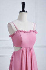 Straps Powder Pink Bow Tie Back Ruffle Chiffon Maxi Dress